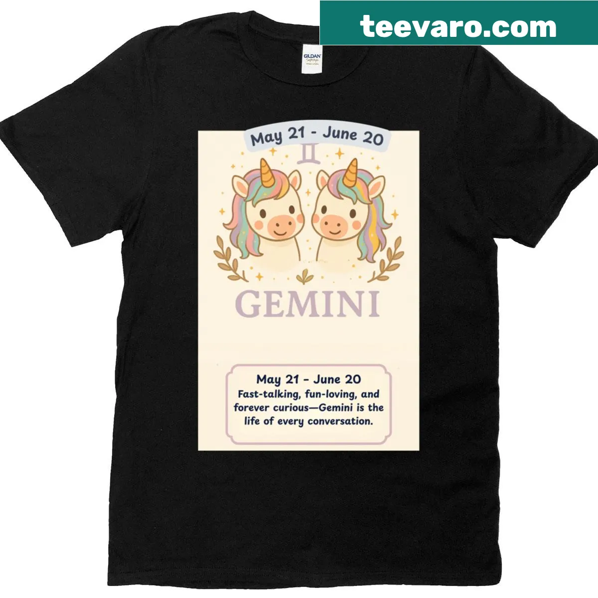 Illustration of a unicorn representing the Gemini zodiac sign — on a men's t-shirt