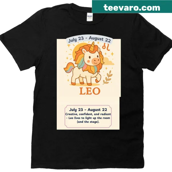 T-shirt featuring a unicorn illustration with Leo zodiac sign
