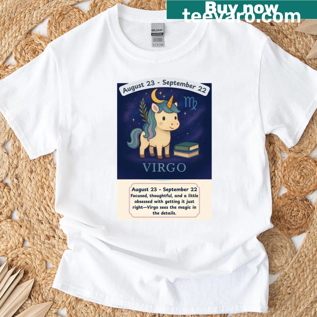 Illustrated Zodiac Unicorn design for Virgo with astrological symbols — on a men's t-shirt