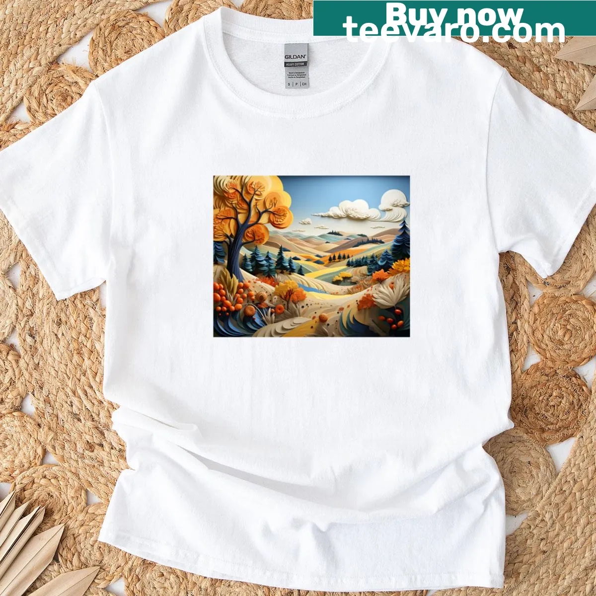Vintage minimalist t-shirt featuring a 3D landscape of meadows and mountains. — on a men's t-shirt