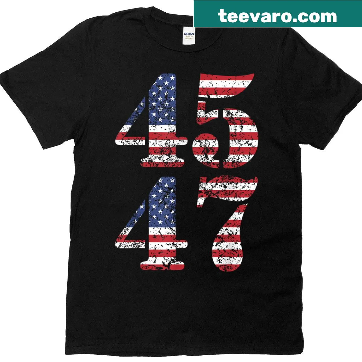 Grunge-style t-shirt with 45 number and American flag for anniversary — on a men's t-shirt