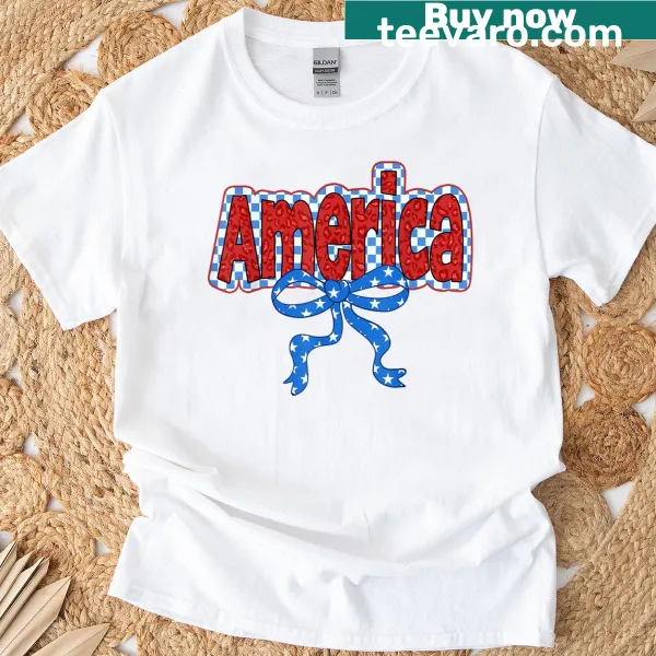 Cute coquette bow design on a patriotic 4th of July t-shirt