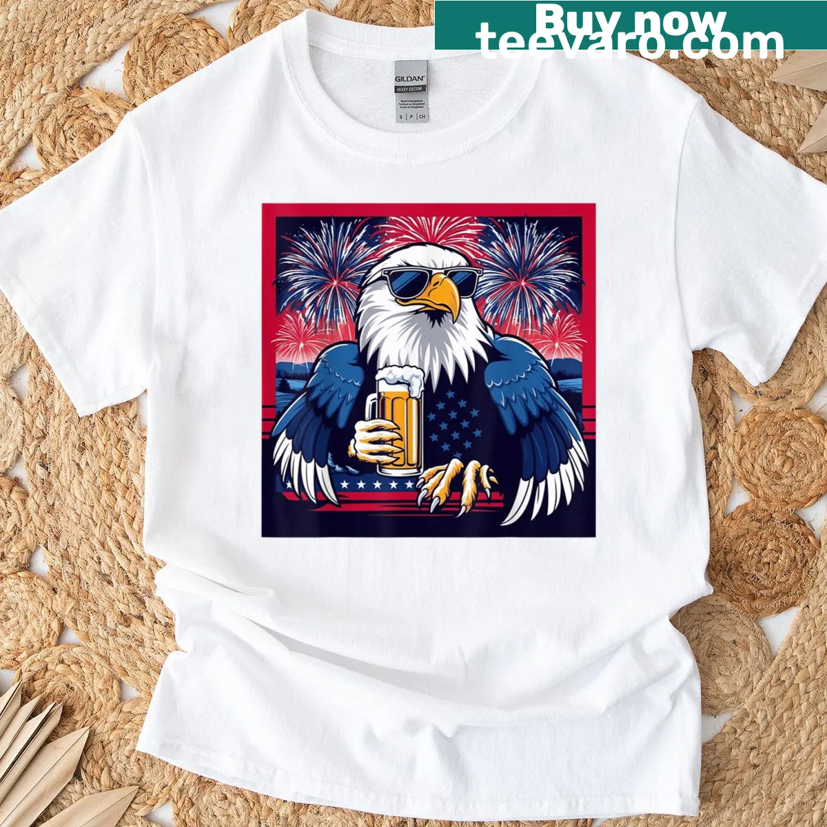 Illustration of a bald eagle on a patriotic 4th of July t-shirt — on a men's t-shirt