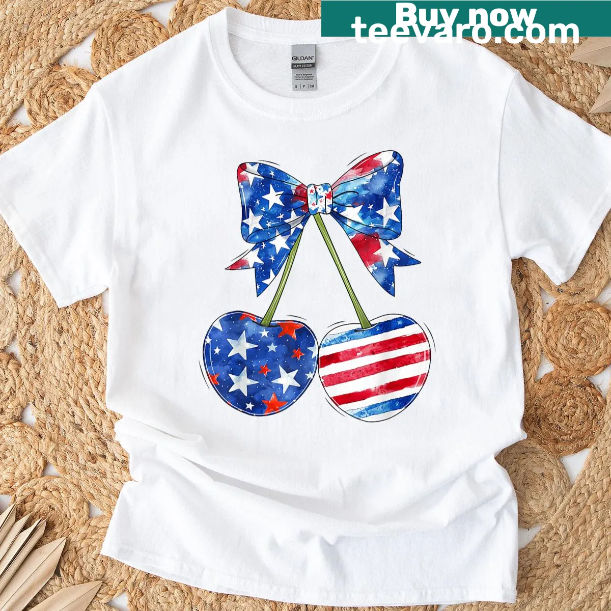 Patriotic T-shirt with cherry and bow design featuring the USA flag — on a men's t-shirt