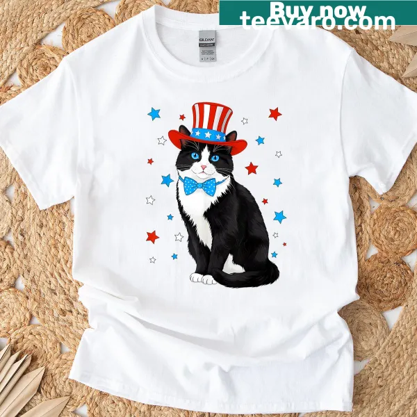 Funny patriotic t-shirt featuring a cat in American gear
