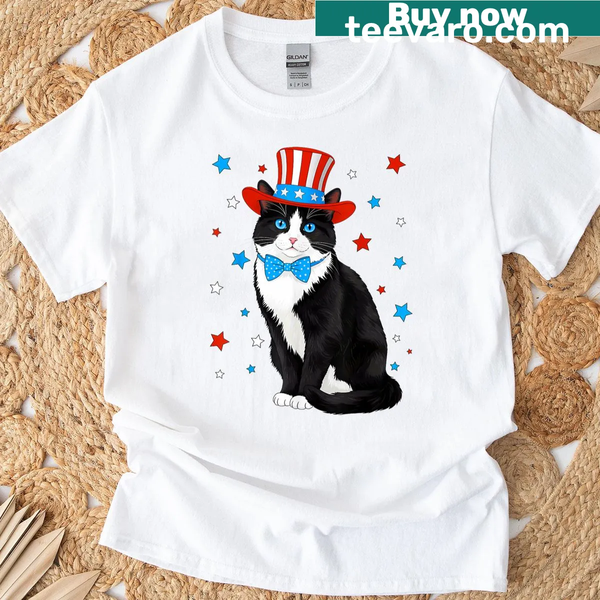 Funny patriotic t-shirt featuring a cat in American gear — on a men's t-shirt