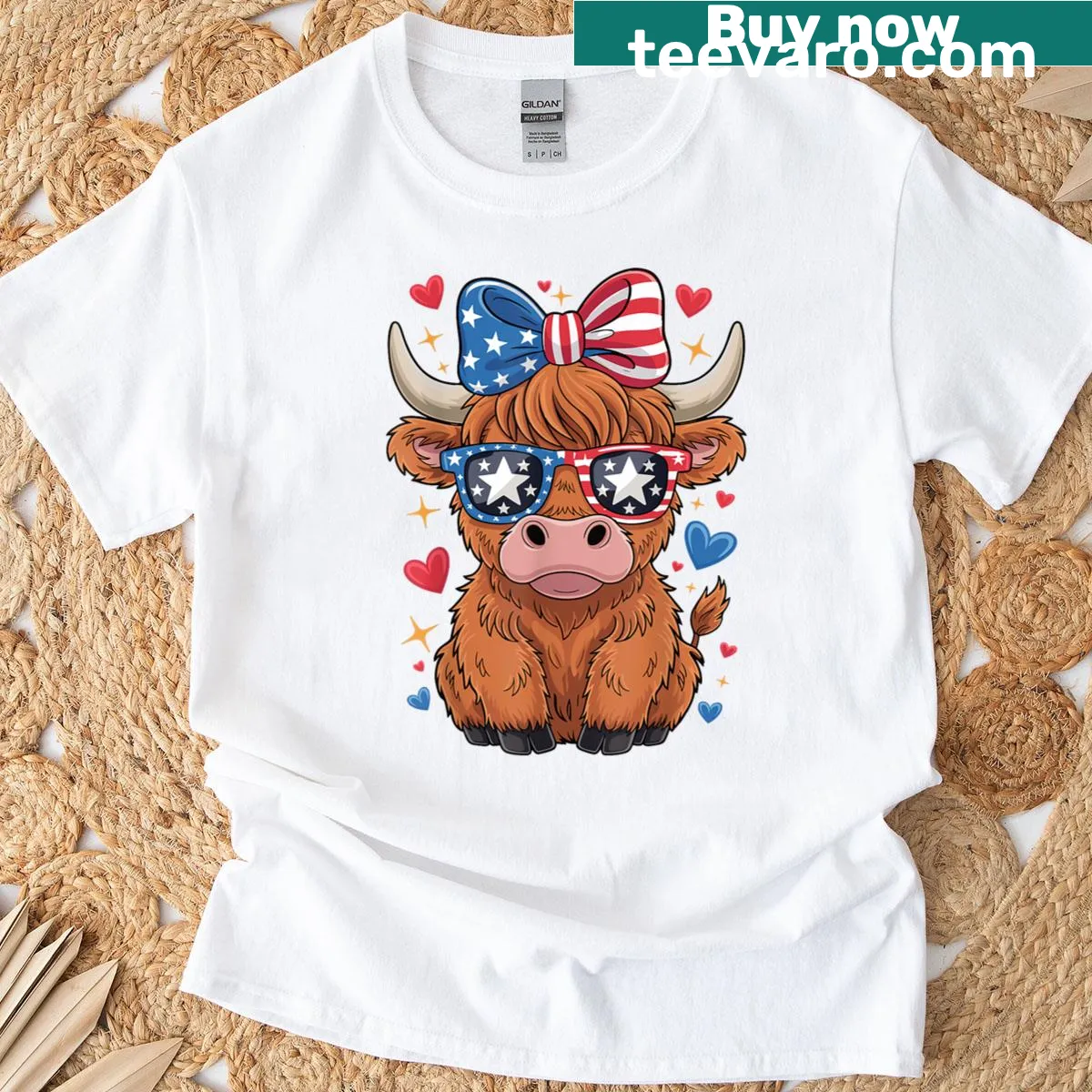 Cute cow T-shirt with patriotic glasses and croquette bow design — on a men's t-shirt