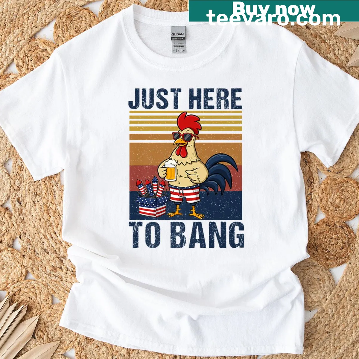 Funny Fourth of July t-shirt with 'Just Here To Bang' text and graphics — on a men's t-shirt