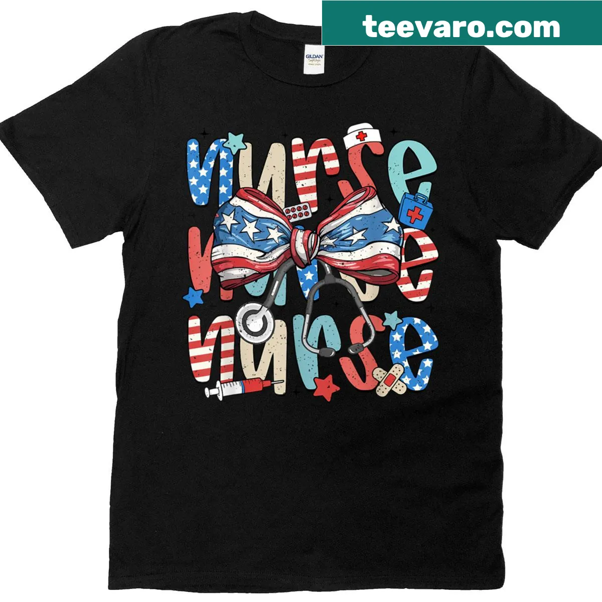 Nurse-themed July 4th shirt with American flag and coquette bow. — on a men's t-shirt