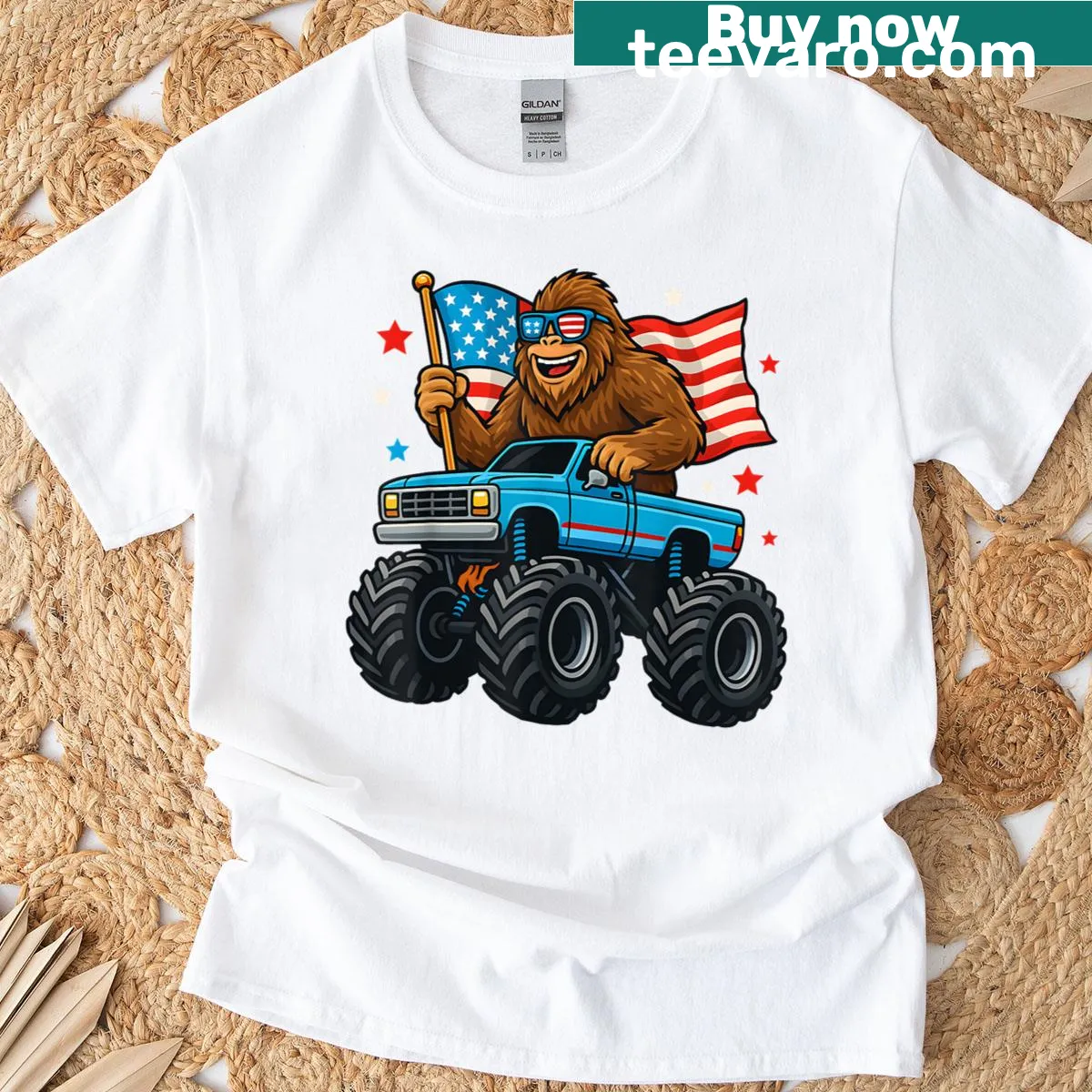 Illustration of a Bigfoot monster truck with patriotic details — on a men's t-shirt