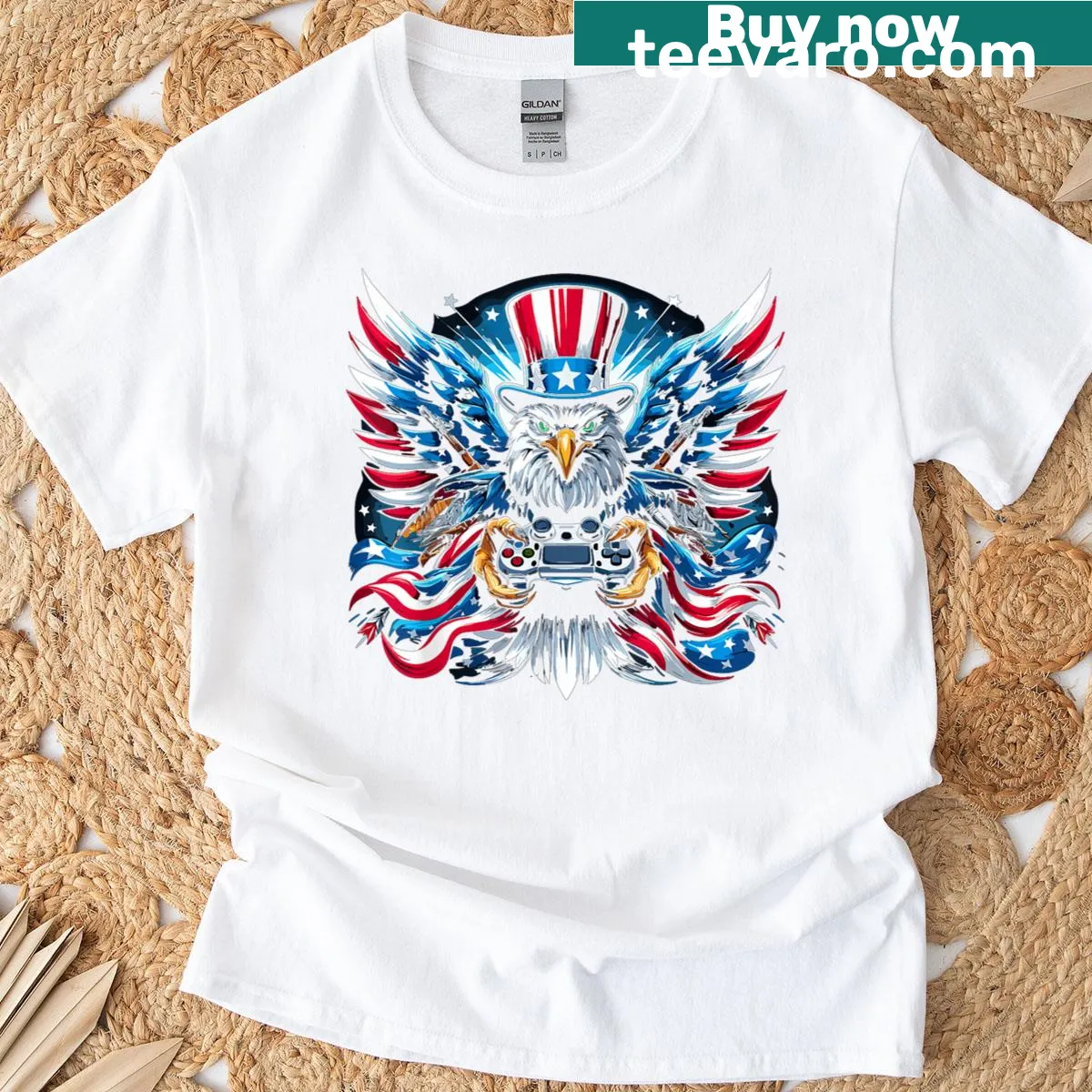 Cartoon bald eagle and American flag design on a 4th of July t-shirt — on a men's t-shirt