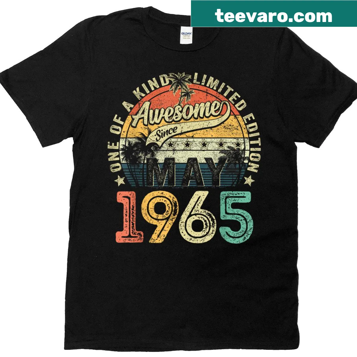 T-shirt celebrating 60 years old with 'Awesome Since May 1965' text — on a men's t-shirt