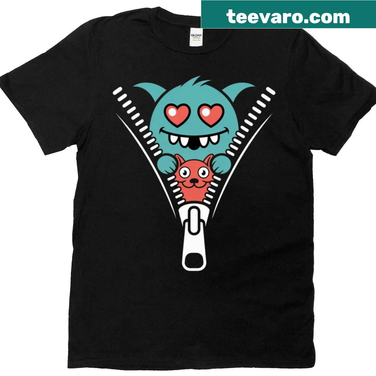 Cute monster peeking from behind zipper design on T-shirt — on a men's t-shirt