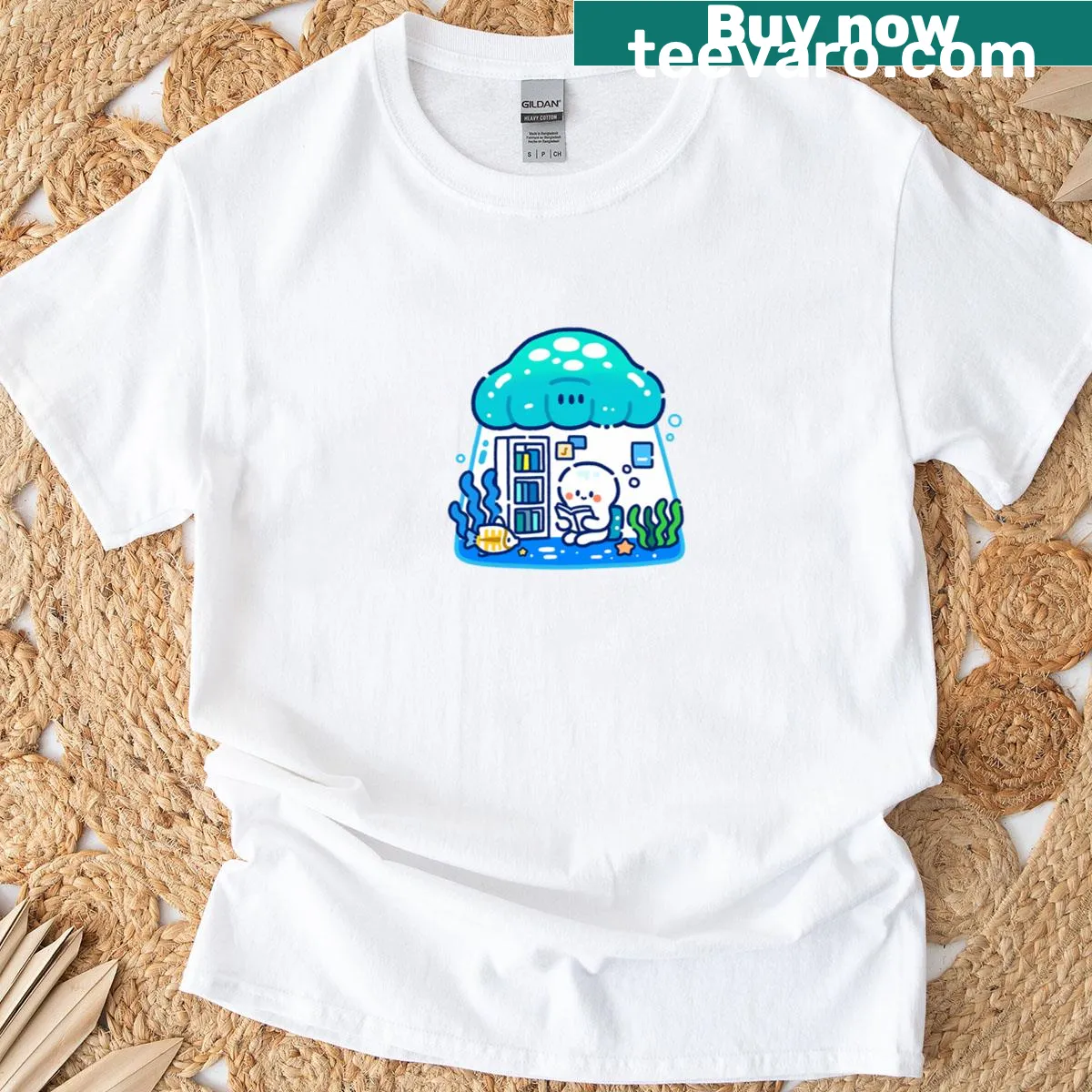 Jellyfish reading at home graphic T-shirt — on a men's t-shirt