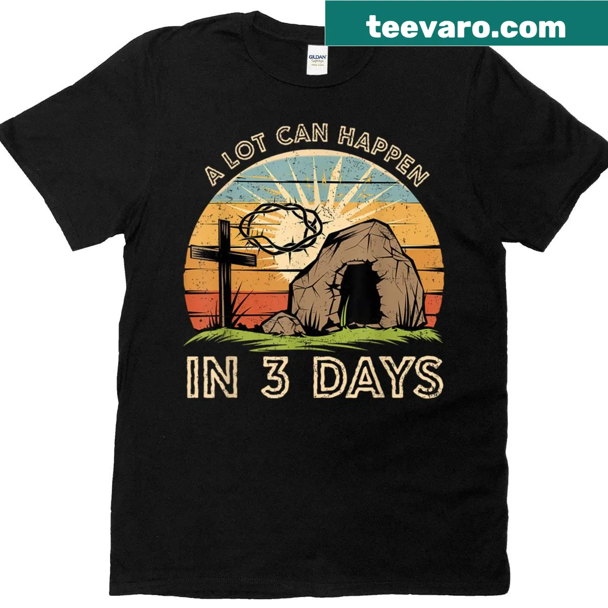 Inspirational Easter shirt with the saying 'A Lot Can Happen In Three Days' and coquette bow. — on a men's t-shirt