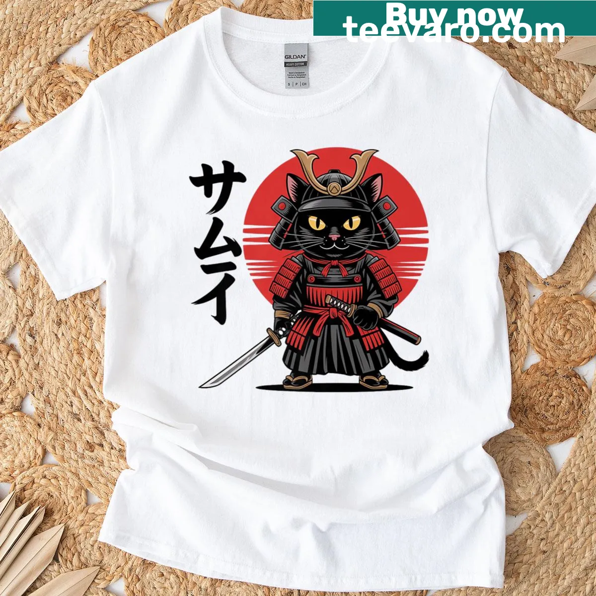 Stylized black cat in samurai outfit illustration on T-shirt — on a men's t-shirt