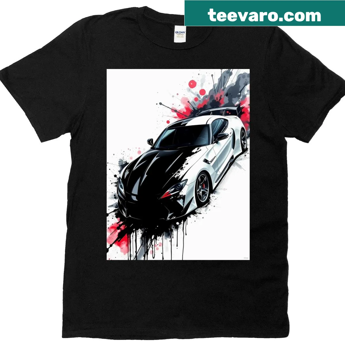 Graphic T-shirt with abstract splatter design inspired by cars — on a men's t-shirt