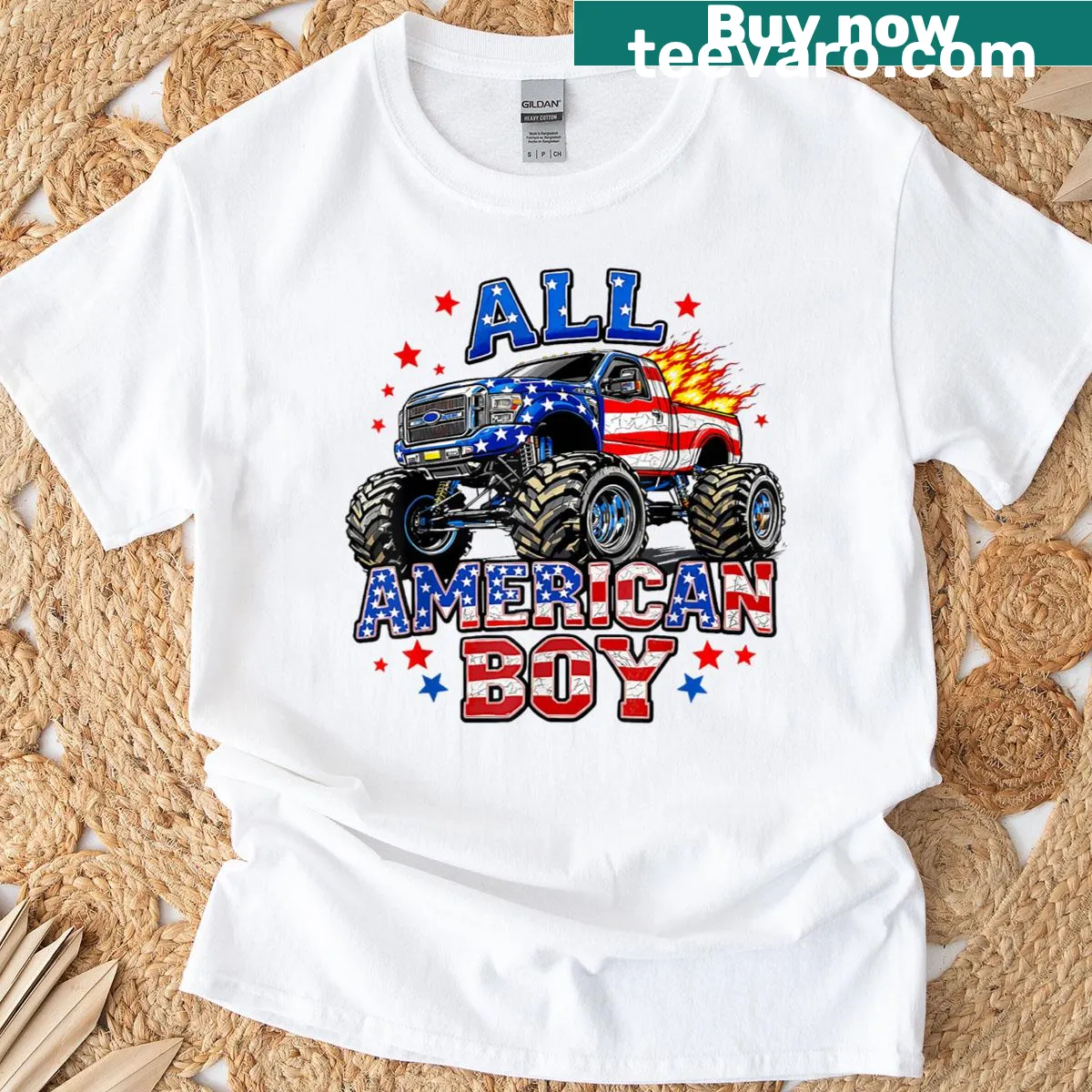 Monster truck graphic T-shirt for Fourth of July — on a men's t-shirt