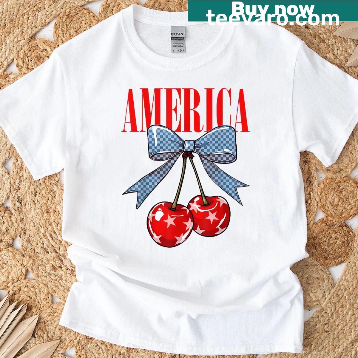 Patriotic T-shirt with cherry and bow design for 4th of July — on a men's t-shirt
