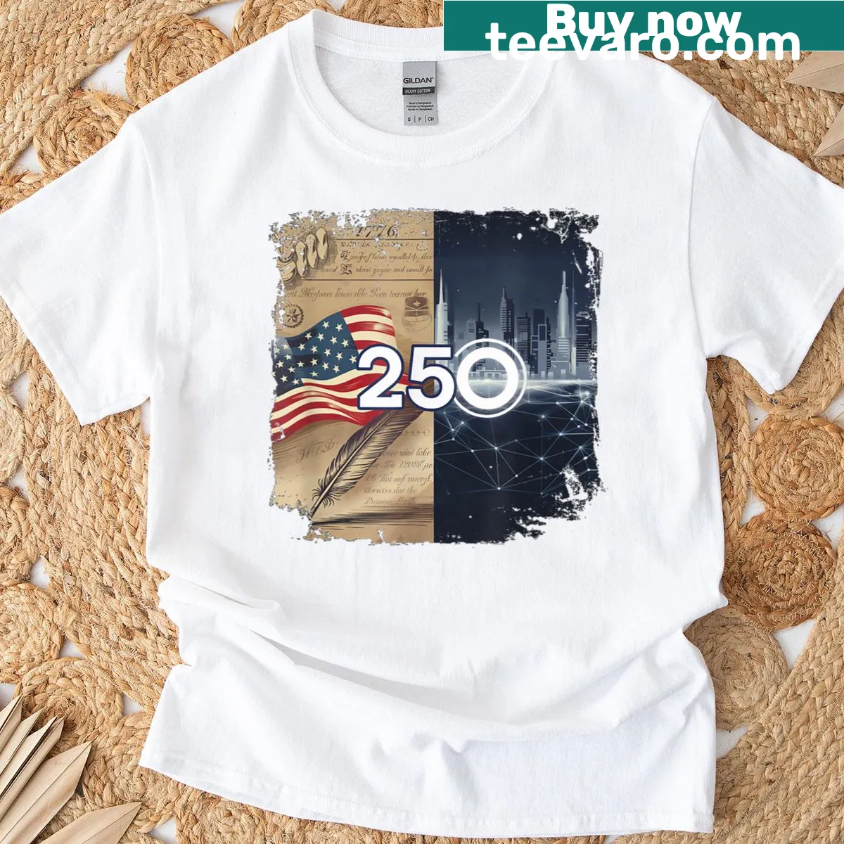 T-shirt celebrating 250 years of America with July 4, 2026, text — on a men's t-shirt