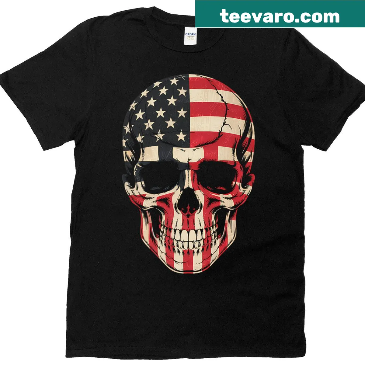Skull design featuring American flag on a t-shirt — on a men's t-shirt