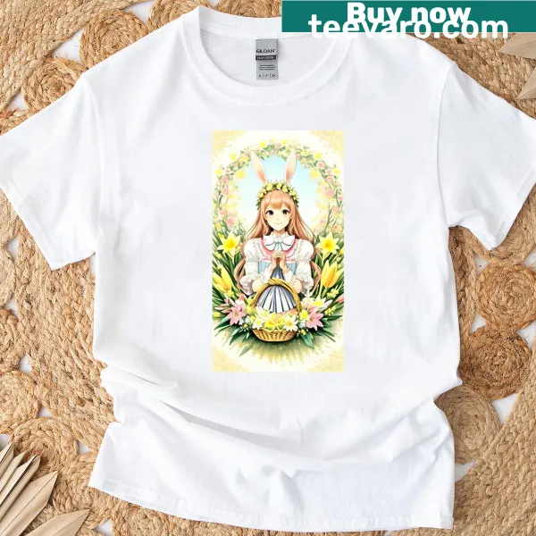 Anime bunny with flowers graphic on T-shirt for spring
