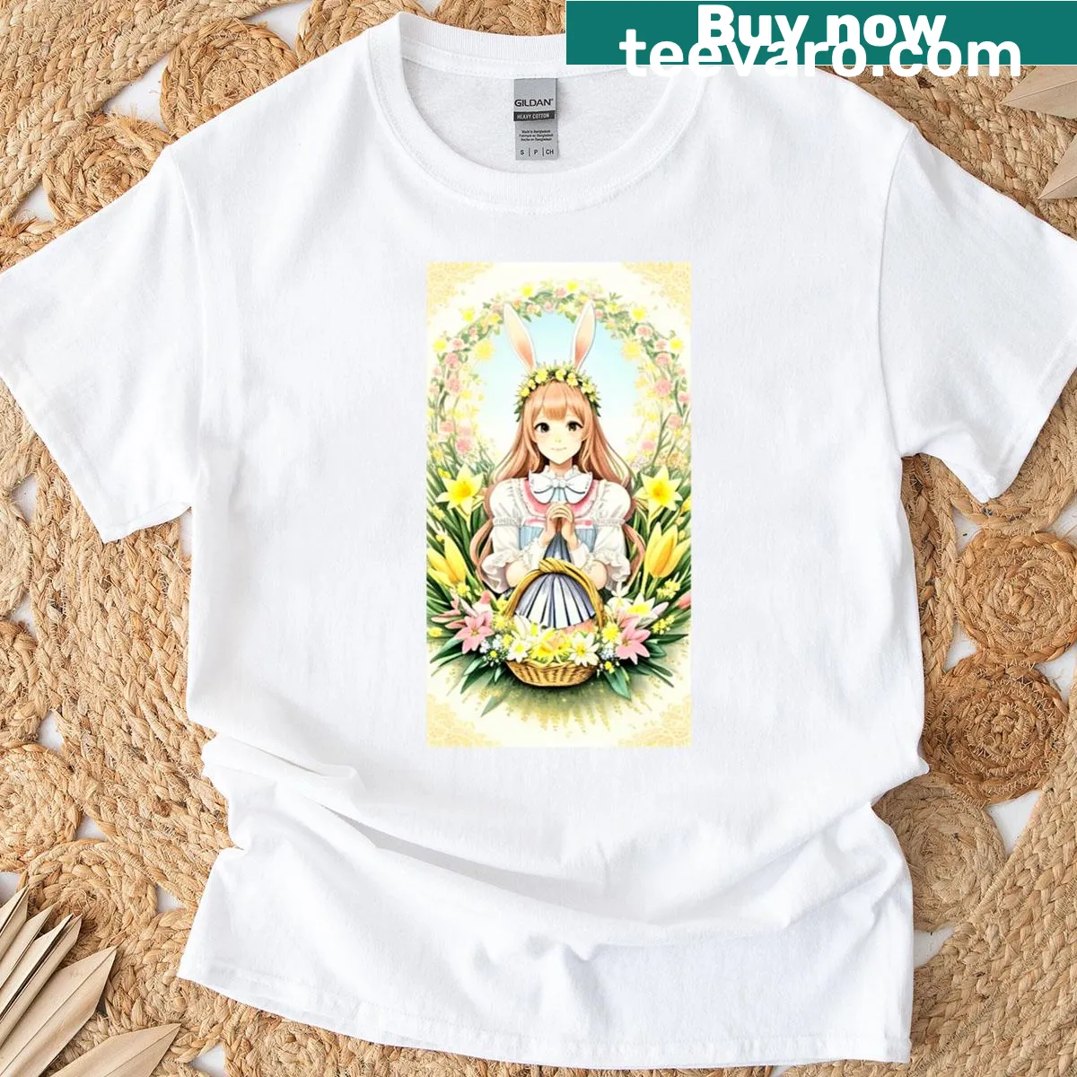 Anime bunny with flowers graphic on T-shirt for spring — on a men's t-shirt