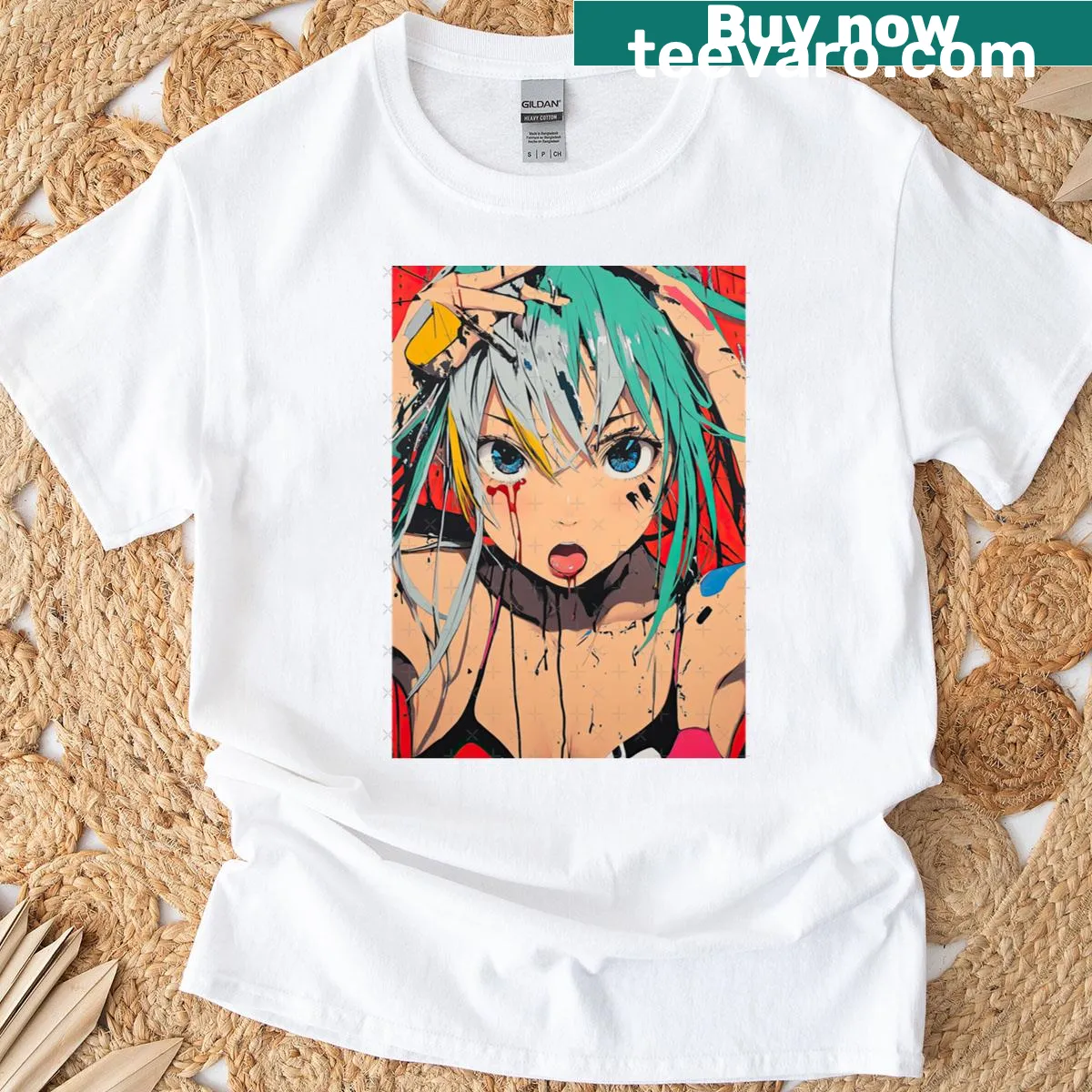 Anime-inspired T-shirt featuring a girl with expressive eyes — on a men's t-shirt
