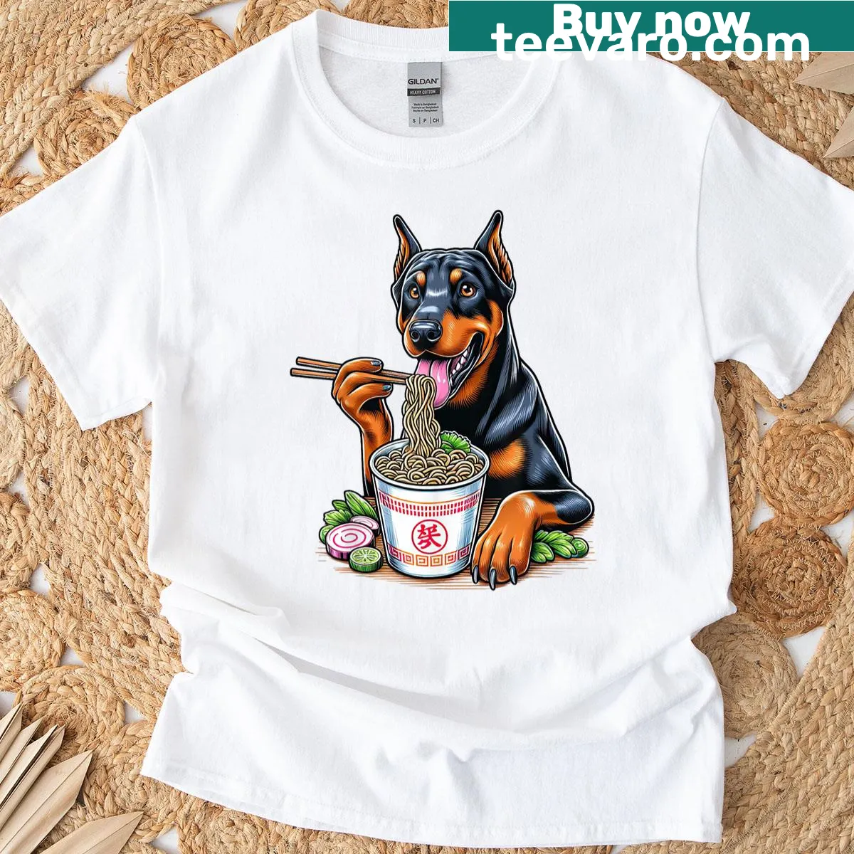 Kawaii Dobermann dog eating ramen noodles T-shirt — on a men's t-shirt