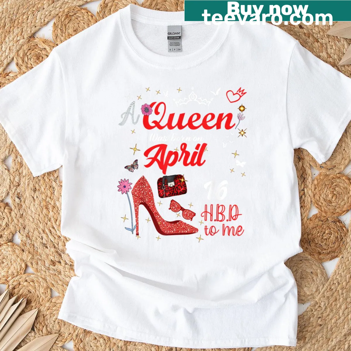 April 16 Birthday Queen t-shirt with celebratory text — on a men's t-shirt
