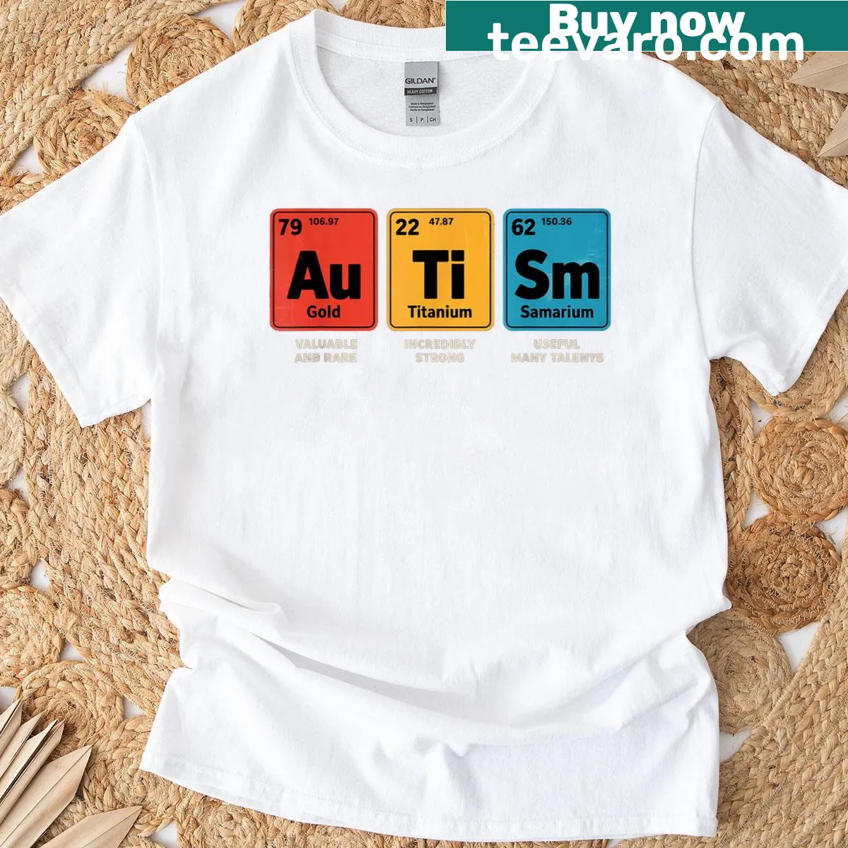 Periodic table elements design advocating autism awareness T-shirt — on a men's t-shirt