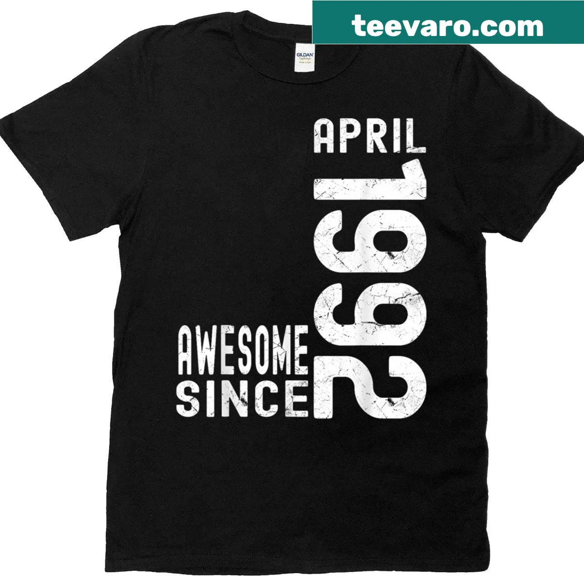 Birthday-themed graphic with text on Awesome Since April 1992 t-shirt — on a men's t-shirt