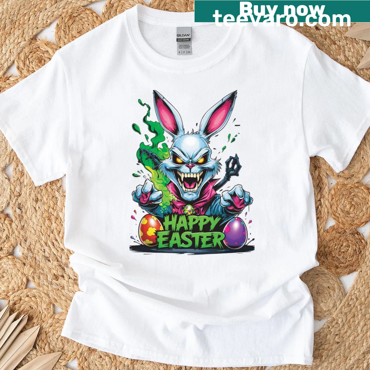Cartoonish Bad Bunny design celebrating Easter mischief in spring — on a men's t-shirt