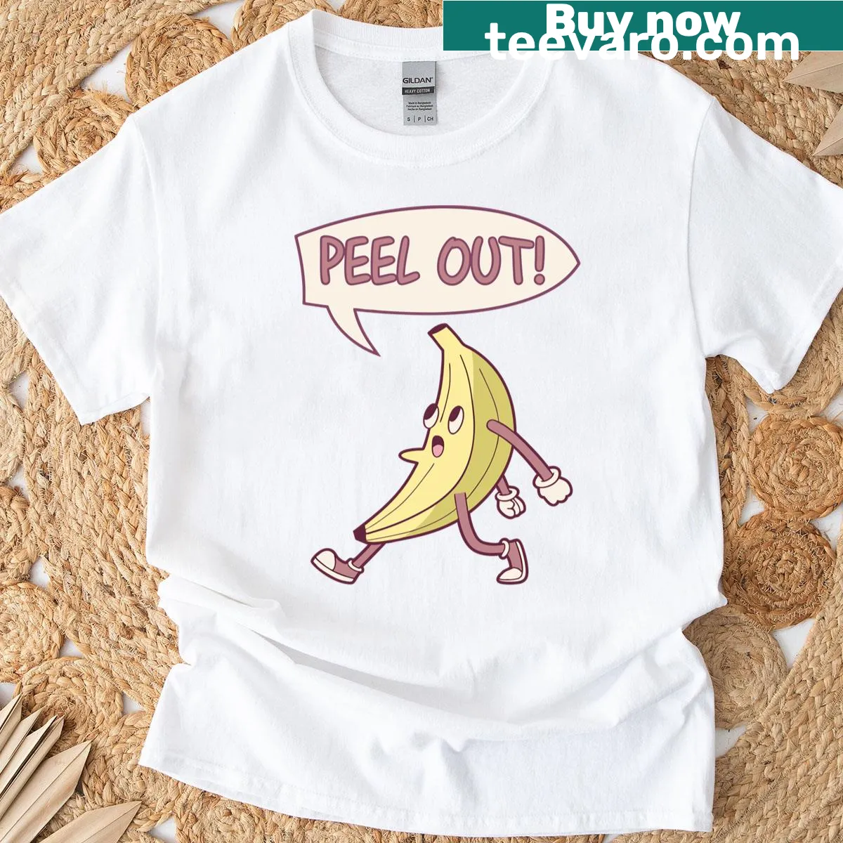 Playful cartoon banana racing and slipping in a cartoon world — on a men's t-shirt