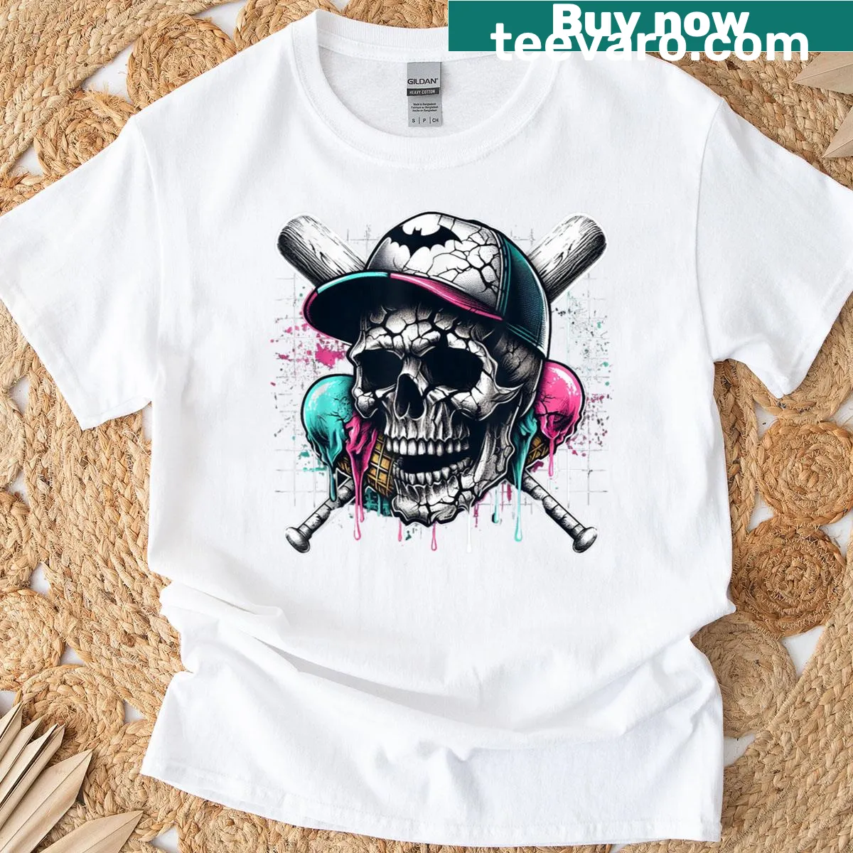 Unique baseball skull and ice cream graphic on T-shirt. — on a men's t-shirt