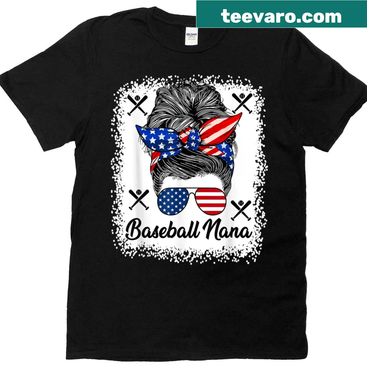 T-shirt featuring a grandma with messy bun and USA flag for Fourth of July — on a men's t-shirt