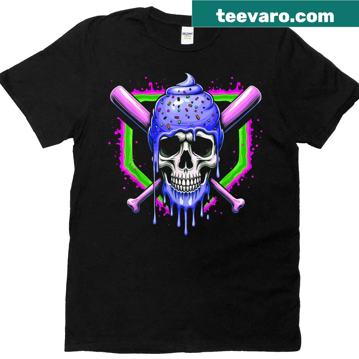 Edgy T-shirt featuring baseball skull and ice cream drip design — on a men's t-shirt