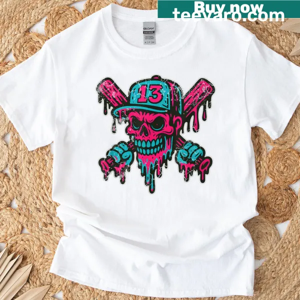 Skull graphic with baseball elements, designed for sports enthusiasts