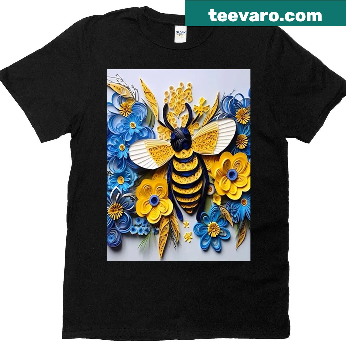 Illustrated paper art graphic of bees and flowers on t-shirt — on a men's t-shirt