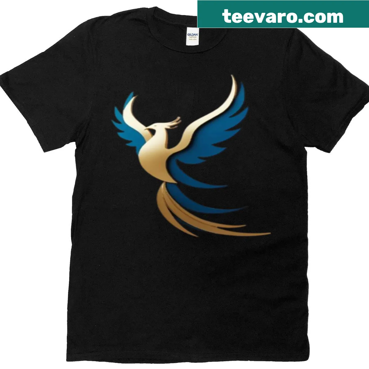 Blue-gold rising spirit emblem on a t-shirt — on a men's t-shirt