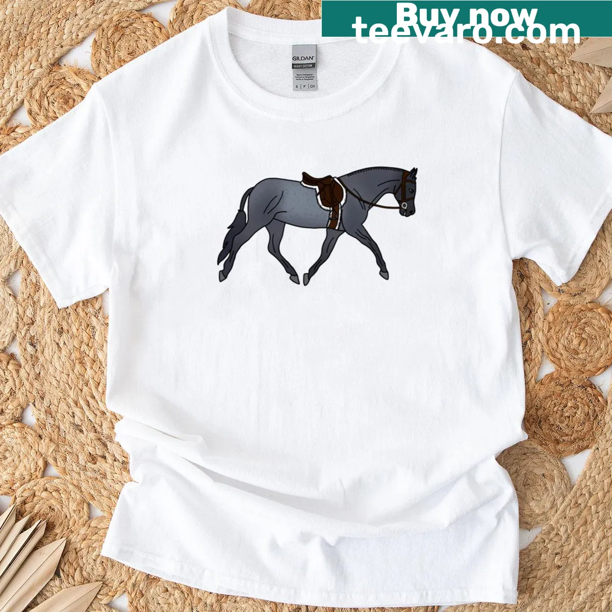 Artistic illustration of a blue roan hunter horse on a T-shirt — on a men's t-shirt
