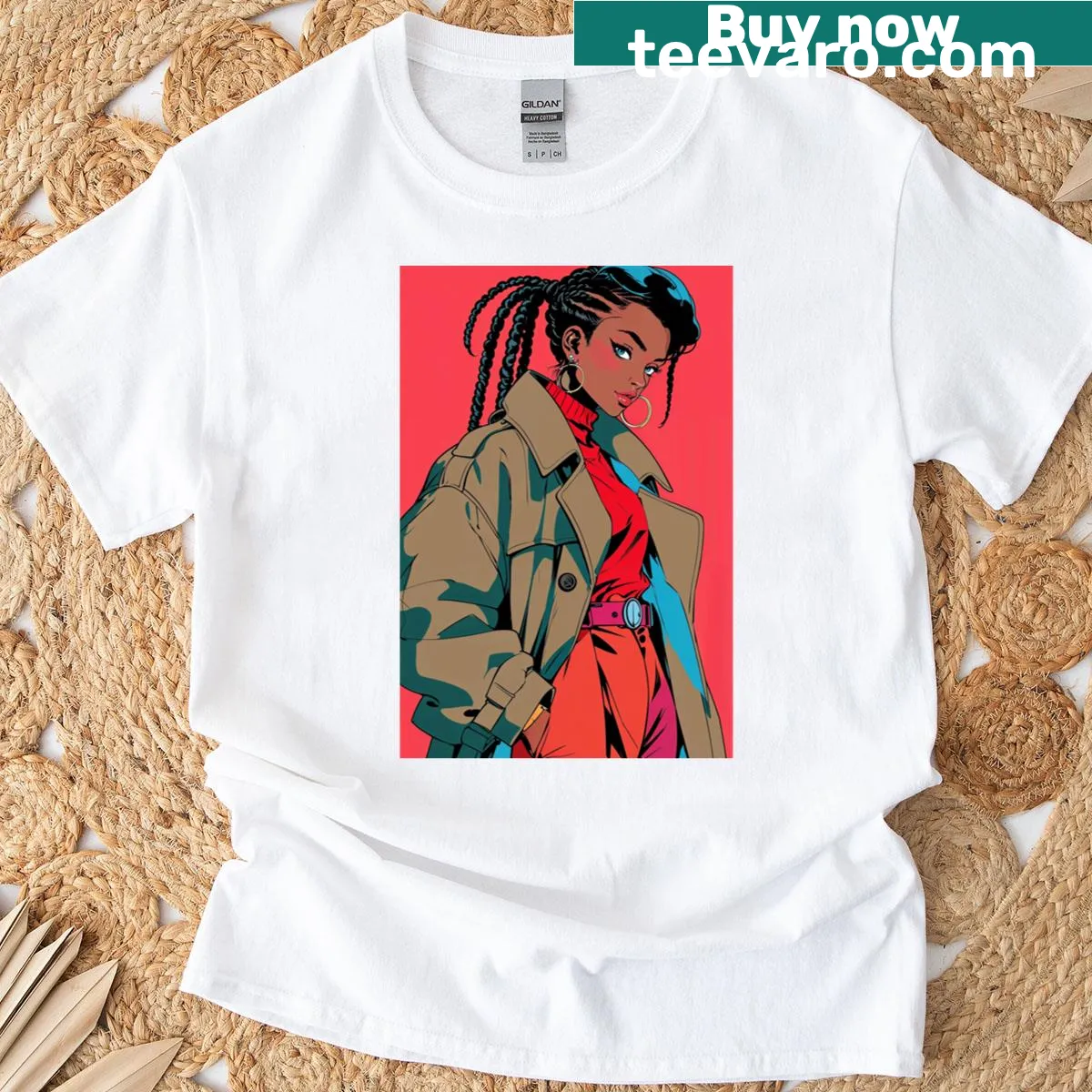 Afro-futurism illustration of a Black woman in a trench coat on t-shirt — on a men's t-shirt