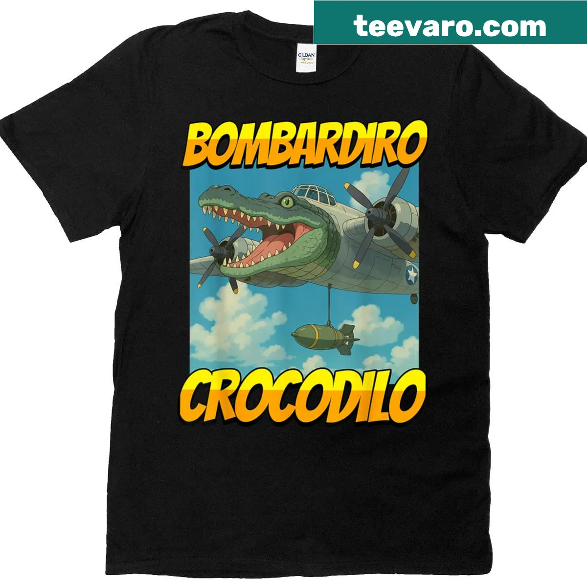 Illustrated Bombardiro Crocodilo anime meme t-shirt — on a men's t-shirt
