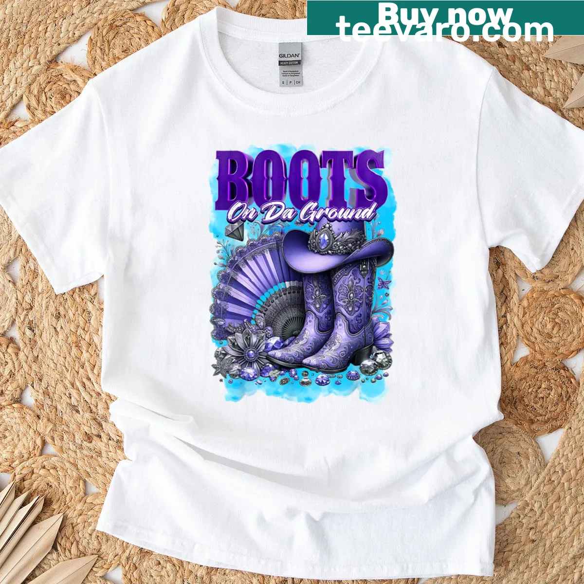 Vintage-style T-shirt featuring bling cowgirl boots — on a men's t-shirt