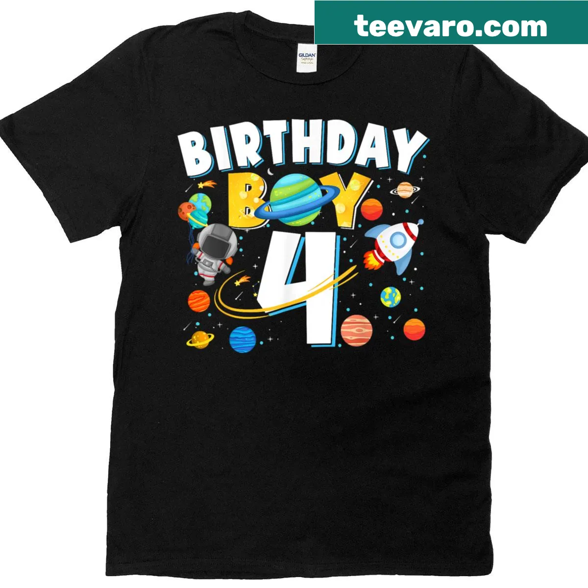 Astronaut-themed T-shirt for a boy's 4th birthday — on a men's t-shirt