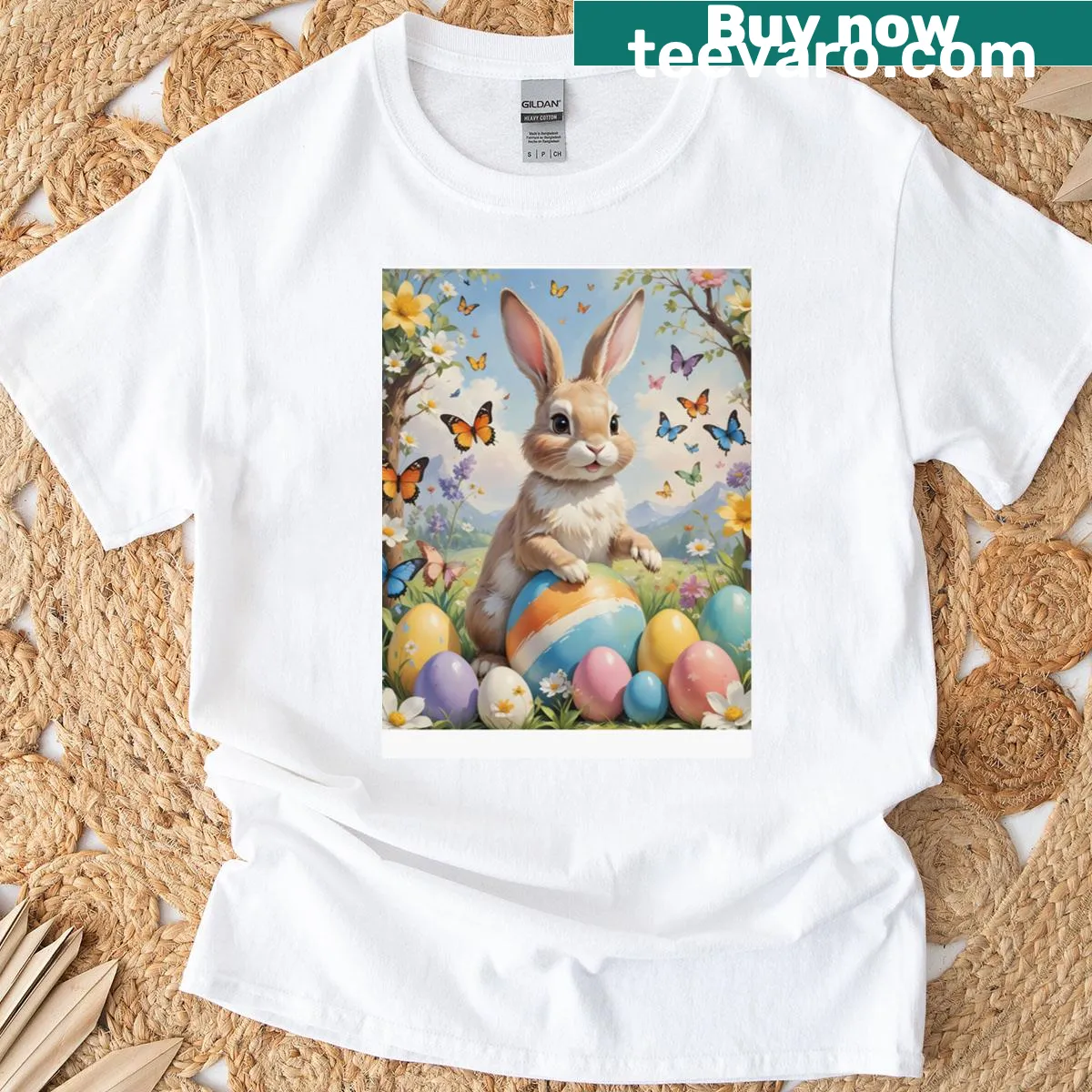 Cute rabbit with Easter eggs and flowers graphic — on a men's t-shirt