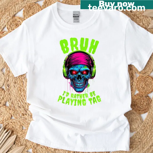 Skull graphic with gaming phrase on a T-shirt