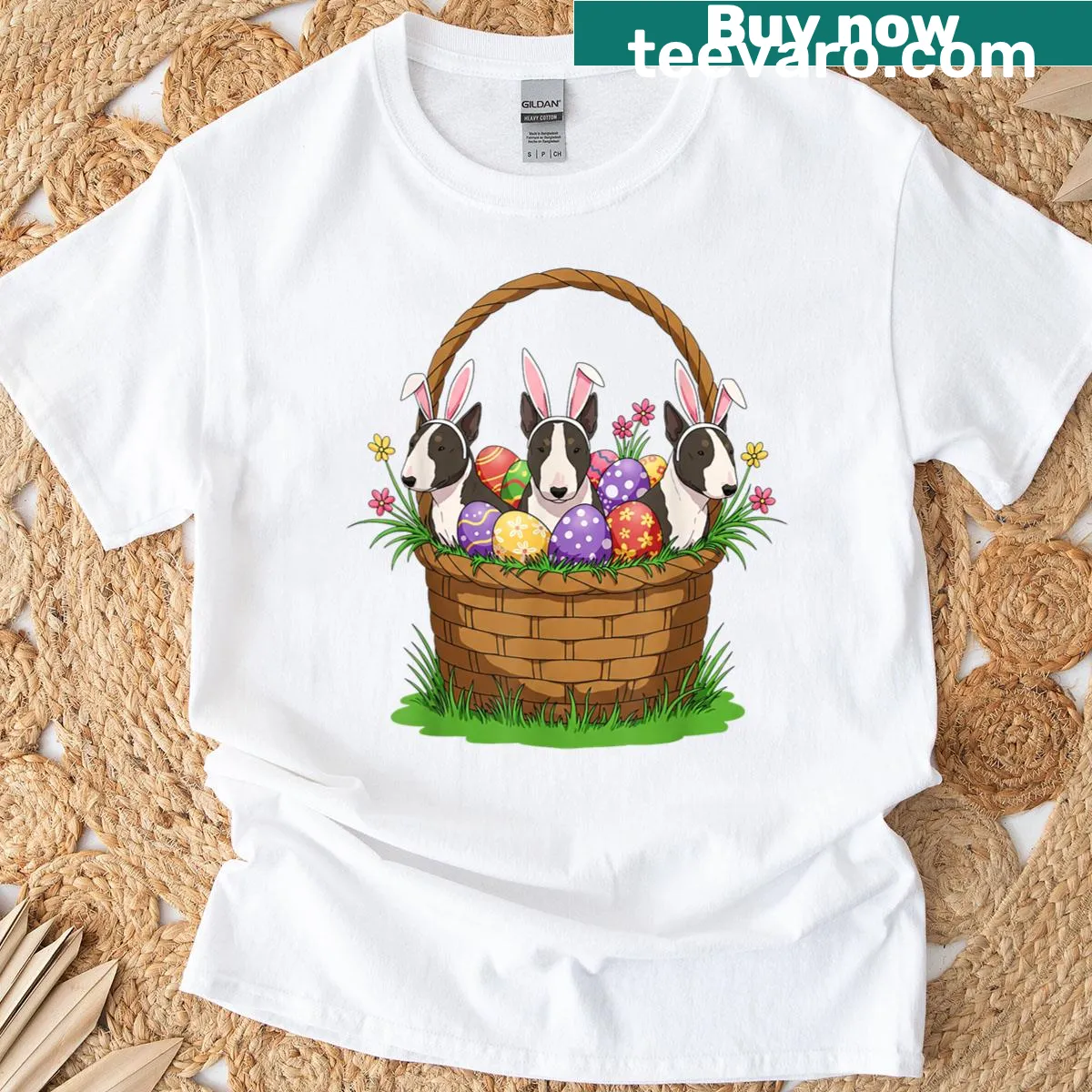 Cartoon Bull Terrier with Easter eggs and bunny design — on a men's t-shirt