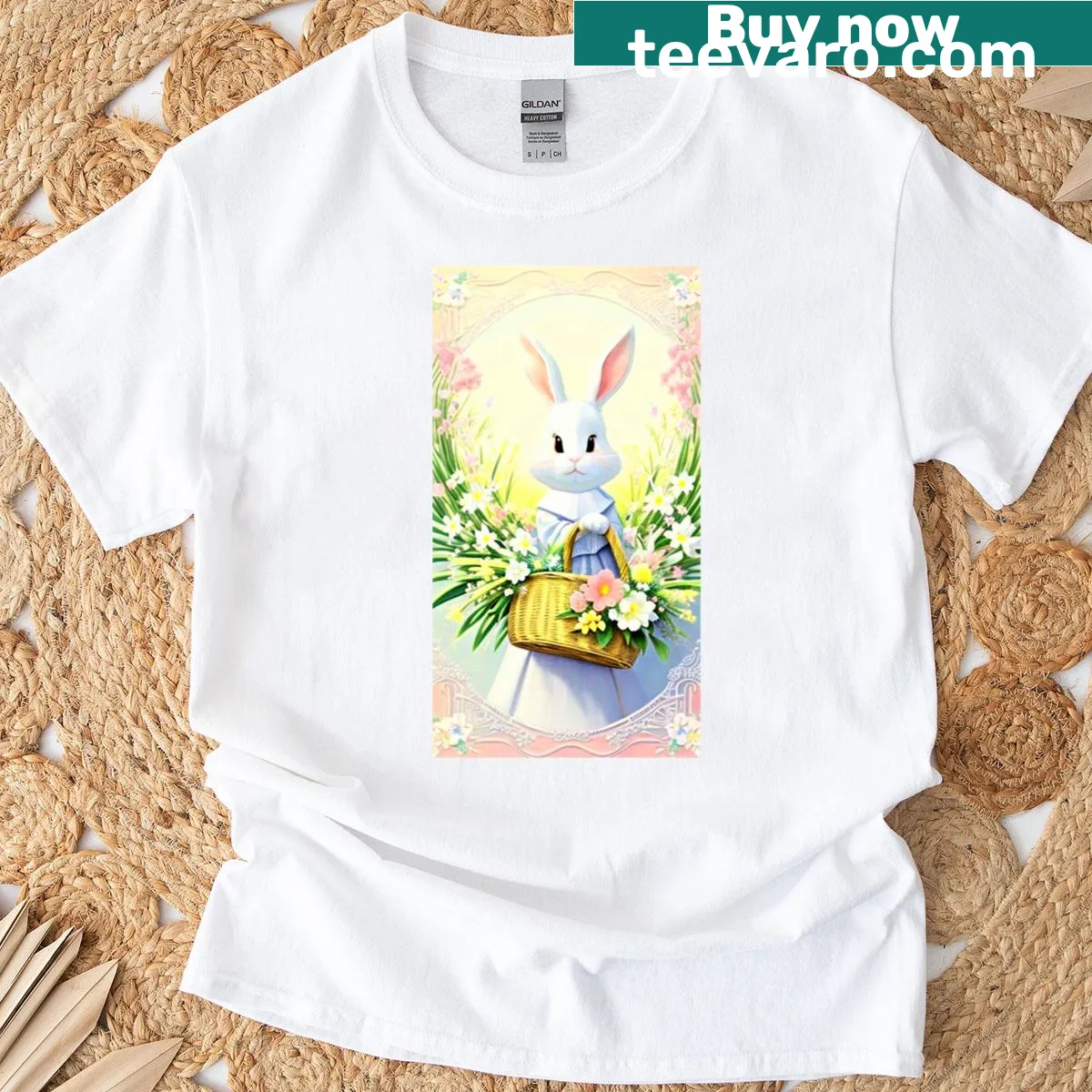 Easter t-shirt with an illustration of a bunny surrounded by flowers — on a men's t-shirt