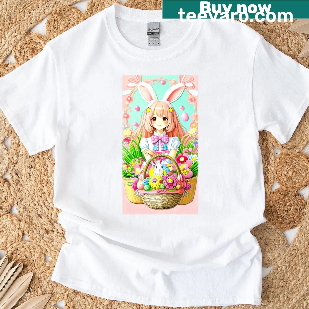 Spring-themed T-shirt with a cute Bunny Girl and floral design — on a men's t-shirt